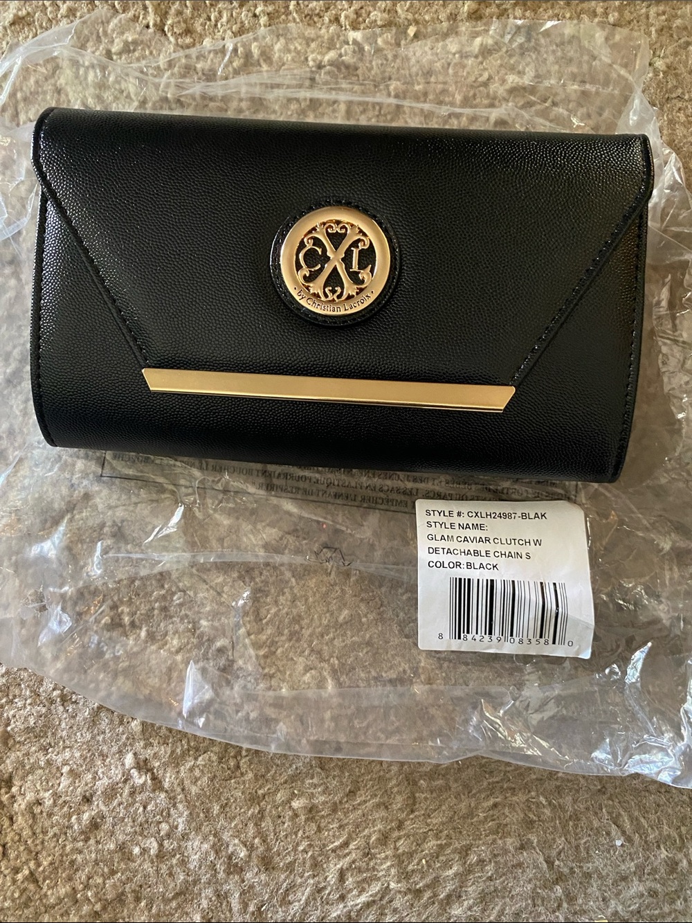 Christian Lacroix Black Envelope Clutch with Gold Accents